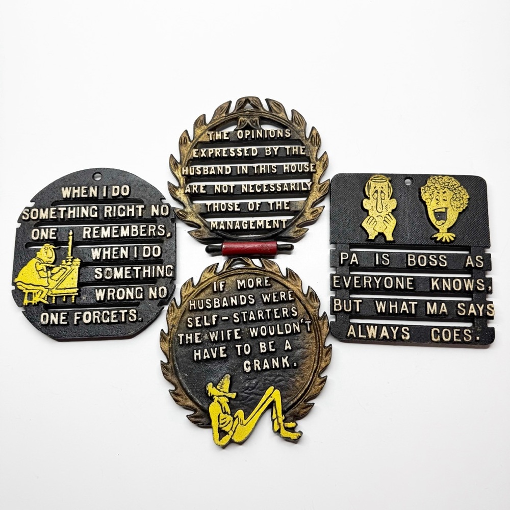 Vintage 70s Cast Iron Humor Quote Trivets